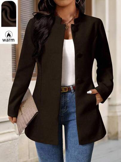 SHEIN PETITE CURVE Plus Size Women Elegant Stand Collar Overcoat With Pockets