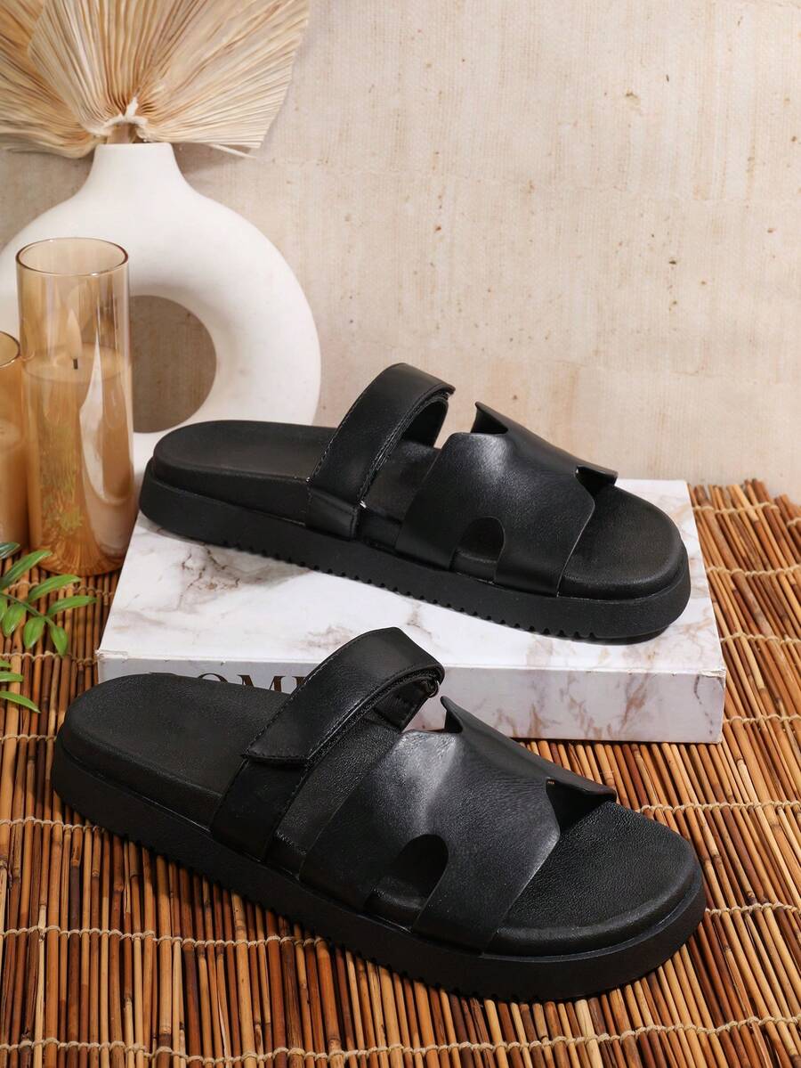 SHUZIA 畅销女式奢华风格魔术贴镂空圆头软鞋垫厚底缝线PU黑色拖鞋 - 舒适百搭 - 黑色 - 查看 1