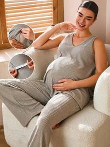 SHEIN Bộ đồ hai mảnh cho con bú áo không tay và quần dài màu trơn đơn giản - Màu Khaki - Xem 3