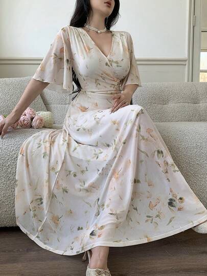 Feyla Elegant Ditsy Floral V-Neck Waist Cinched Women's Long Dresses