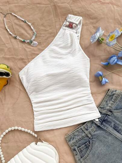 Soleia Vår/Sommar Ny Casual Semester Western Strand Bröllopsgästklädsel Examensbrunch Damklädsel, St. Patrick's Day Vårlov Påsk Musikfestival Elegant Bohemisk Tropisk Halterneck Asymmetrisk Pärldekor Blus