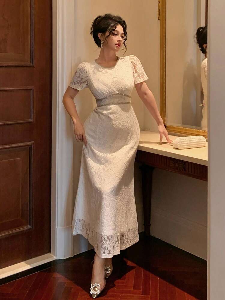 Women's Floral Lace Round Neck Puff Sleeve Elegant Dress Cocktail Dress