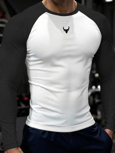 Manfinity Sport PWRUP Men's Contrast Color Bull Print Raglan Long Sleeve Sports T-Shirt Gym Tops Men Men Compression Tops Compression Long Sleeve Tight Gym Shirt Gym Long Sleeve Tops Compression Shirt Men