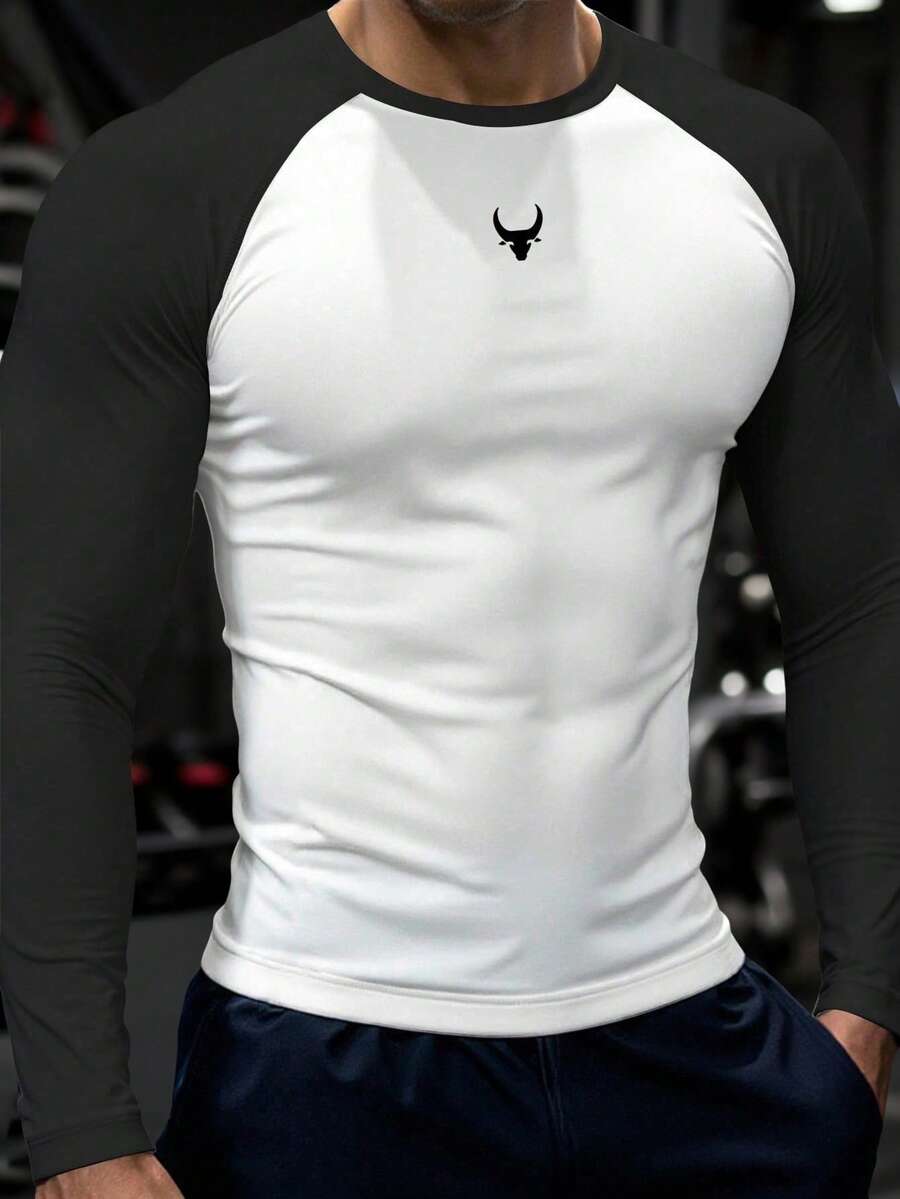 GymBeat Men's Contrast Color Bull Print Raglan Long Sleeve Sports T-Shirt Gym Tops Men Men Compression Tops Compression Long Sleeve Tight Gym Shirt Gym Long Sleeve Tops Compression Shirt Men - Black and White - View 1