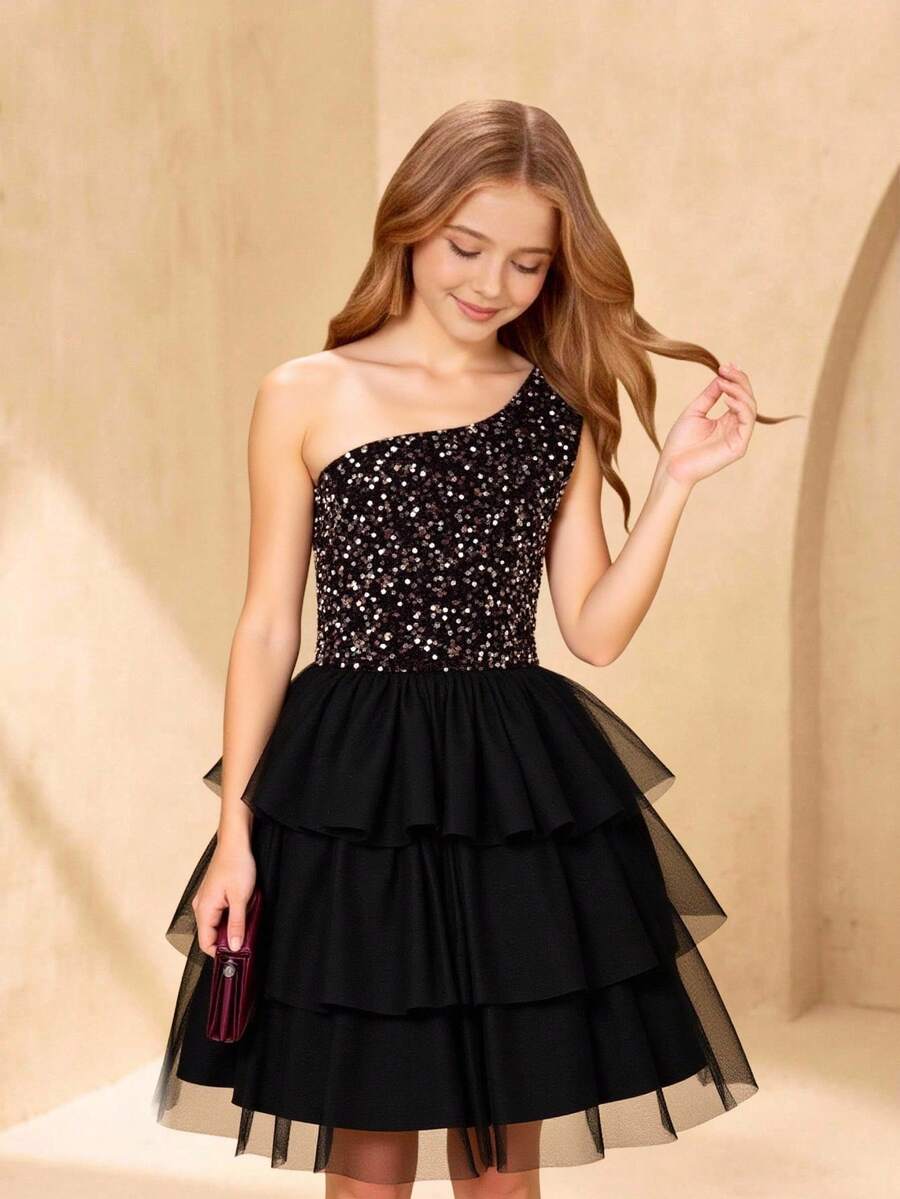 Sparklyn Váy xếp ly lưới sequin lấp lánh một bên vai dành cho thiếu niên, Váy 3 lớp cho trẻ em - màu đen - Xem 1