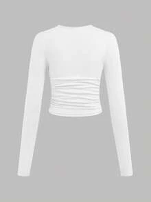 SHEIN EZwear 3件套女士加大码休闲纯色及豹纹圆领褶皱长袖T恤，秋季女装3件装露脐上衣，豹纹露脐上衣，猎豹纹露脐上衣，长袖露脐上衣，紧身露脐上衣 - 彩色 - 查看 6