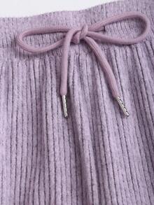 Sweetra Women Light Purple Ribbed Fabric 2-Piece Set,Fall Winter Casual Lounge Plush Ruched Design Adjustable Waistband Textured Open Front Outfit - Purple - View 5