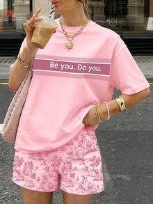 EMERY ROSE 女士休闲宽松短袖上衣和短裤两件套 - 粉色 - 查看 3