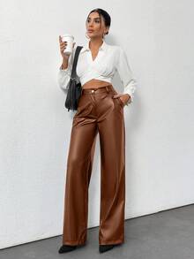 EURMUSE Prive Gold Button Detailed Straight Fit Leather Pants - Chocolate Brown - View 8
