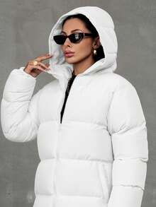 EURMUSE Abrigo con capucha acolchado para mujer, extra largo y muy cálido en invierno - Blanco - Ver 3