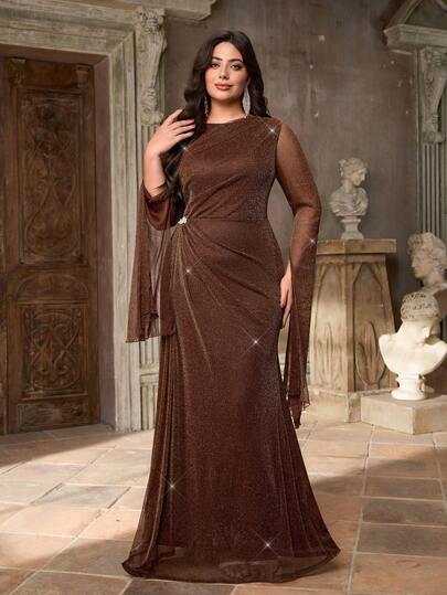 Aureia Plusstorlek Elegant Romantisk Kaffefärgad Rund Hals Ryggad Volang Lyktärm Strassdekor Sjöjungfruklänning, Lämplig För Kvällsfest, Singelfest, Dejt, Bal, Semester, Bröllop, Brudtärna