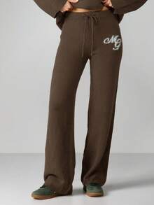 MISSGUIDED Knit Wide Leg Pants With Logo Detail Drawstring Waist Casual Comfort Fall Winter Loungewear - Brown - View 1