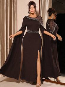 Cravure Damen Große Größen Rundhals Langarm Glänzend Perle Mesh Elegantes Schlitz Kleid, geeignet für Party, Bankett, Herbst/Winter - Braun - Übersicht 1
