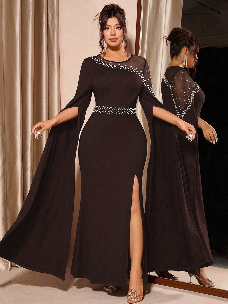 Cravure Damen Große Größen Rundhals Langarm Glänzend Perle Mesh Elegantes Schlitz Kleid, geeignet für Party, Bankett, Herbst/Winter - Braun - Übersicht 1