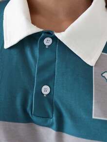 SILVIA DI SANTO 2025 Nou Primăvară și Vară Casual Street Stil College Rever Guler POLO Mânecă scurtă Contrast Guler Caisă Umeri căzuți Sassy Litere Imprimeu Dungi 25 Digital Model Retro Imprimeu Caisă Verde Tricotat Tricou pentru femei-A - Multicolor - Vizualizare 6