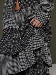 COUREZ Falda midi con volantes y capas a cuadros / Ropa de otoño e invierno Y2K para mujeres, falda negra para mujeres para salir, atuendos de fiesta, Año Nuevo - Gris - Ver 7