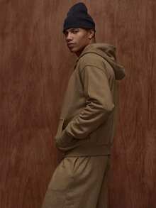 Musero Oversized Premium Boxy Double Pocket Jersey Double Zip Through Hooded Jacket Fall/SPRING SUMMER - Brown - View 4