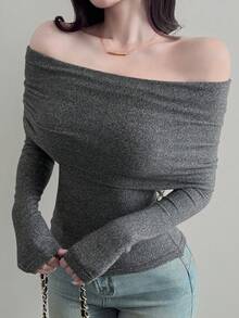 DAZY 女士露肩修身T恤，秋冬新品 - 灰色 - 查看 5