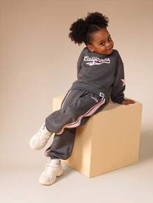 SUMWON California Star Print Hoodie And Sweatpants Co-Ord Set With Side Stripe Detailing For Little Kids Casual Outfit Vacation - Dark Grey - View 6