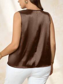Chikora Plus Size Fashionable Elegant Mesh Patchwork Sleeveless Tank Top - Brown - View 2