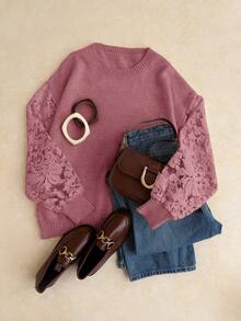 Elaquor 大码休闲优雅百搭网眼拼接套头毛衣，秋冬款 - 粉色 - 查看 1