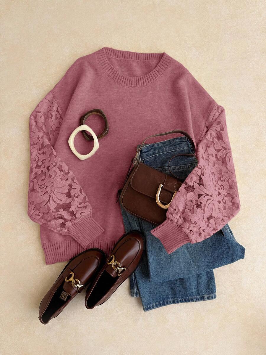 Elaquor 大码休闲优雅百搭网眼拼接套头毛衣，秋冬款 - 粉色 - 查看 1