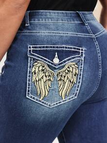 EMERY ROSE Plus Size Women Slim Fit Flare Leg Embroidered Jeans Winter New Year - Dark Wash - View 2