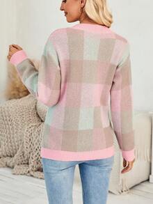 SHEIN LUNE 女士休闲及办公通勤格子图案落肩宽松针织衫，秋冬款 - 粉色 - 查看 2