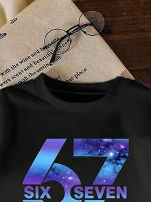 男童数字星空图案印花T恤和裤子套装（2件套），时尚休闲舒适黑色圆领T恤和长裤 - 彩色 - 查看 5