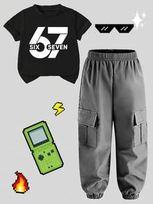 2pcs/Set Young Boy Printed Top & Drawstring Cargo Shorts Set, Fashionable Casual - Multicolor - View 2