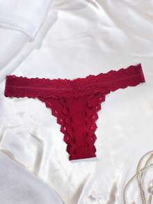 SHEIN Contrast Lace Bow Decor Panty Sexy Lingerie Bow Tie - Burgundy - View 2