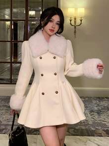 DAZY 女士优雅纯色羊毛领A字大衣，秋冬款 - 米色 - 查看 9