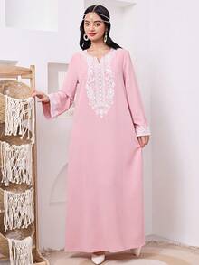 SHEIN Ramadan New Loose Casual Crew Neck Pattern Long Sleeve Robe For Teen Girls, Pink Robe, Traditional Arabic Clothing, Kaftan, Jalabiya, Abaya Robe, Ramadan, Matching Sister, Mother-Daughter - Pink - View 5