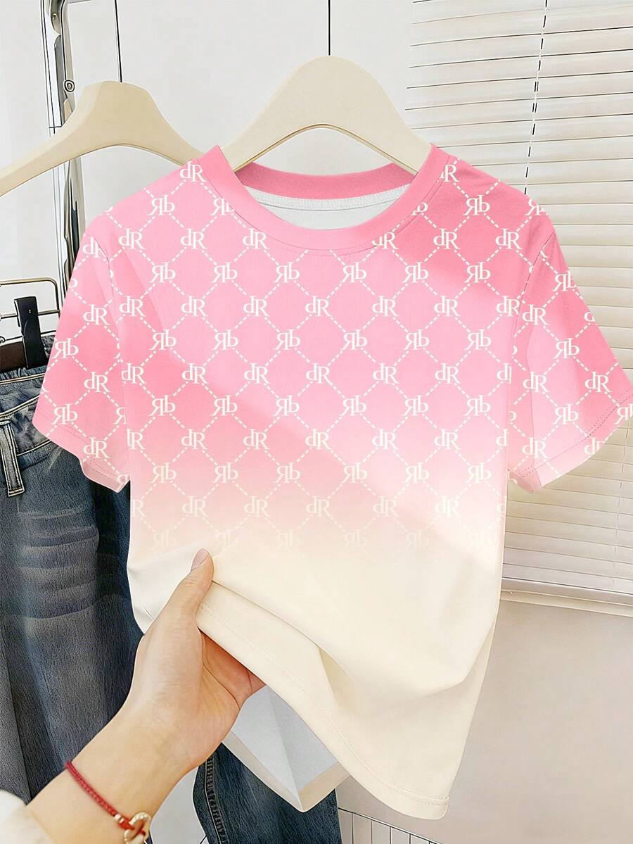 Resyla Y2K 时尚新款渐变色女式圆领宽松T恤 - 粉色 - 查看 1