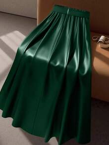 SHEIN Clasi 大码女士优雅时尚PU皮伞裙，配腰带 - 墨綠色 - 查看 2
