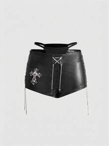 ROMWE Avant Bộ bikini 2 mảnh bó sát lưng thấp trang trí da PU phong cách Retro Gyaru Biker dành cho nữ - màu đen - Xem 5
