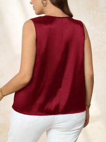 Chikora Blusa sin mangas elegante y de moda con parches de malla para tallas grandes - Rosa Roja - Ver 2