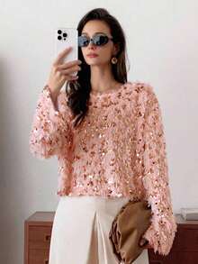 Elyressa 1 chiếc áo len chui đầu cổ tròn dáng rộng, thoải mái, đính sequin, thiết kế châu Âu, chất liệu mềm mại, ấm áp và thanh lịch cho mùa đông. - Hồng - Xem 3