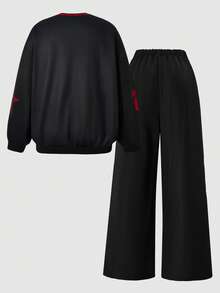 SHEIN ChillGRL 2pcs/Set Teen Girls V-Neck Letter Print Hoodie Sweatshirt And Cargo Pants Casual Outfit - Black - View 8