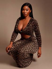Radiana Plus Size Leopard Print Bodycon Dress With Deep V Neck Cutout And Long Sleeves In Knitted Fabric - Multicolor - View 8