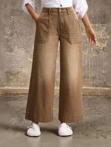 EMERY ROSE Women's Pocket Loose Wide Leg Casual Versatile Jeans - Medium Wash - View 5