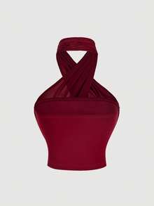 SHEIN MOD 2pcs Women's Criss-Cross Halter Neck Ruched Waist Fashionable Tops, Fall/Winter,Women's Christmas Costume,Casual,Christmas Clothes Women,New Year,Thanksgiving Winter,Party Top - Burgundy - View 8