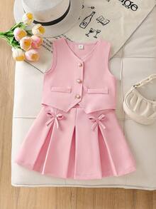SHEIN Young Girls 2pcs Set: Sleeveless Pearl Button Top + Bowknot Pleated Skirt, Sweet Pink, Elegant Lady Style, Casual Summer Outfit Girls 2pcs Pink Skirt Set Pink Two Piece Set Kids Pink Bow Dress Girls Pink Kids Dress