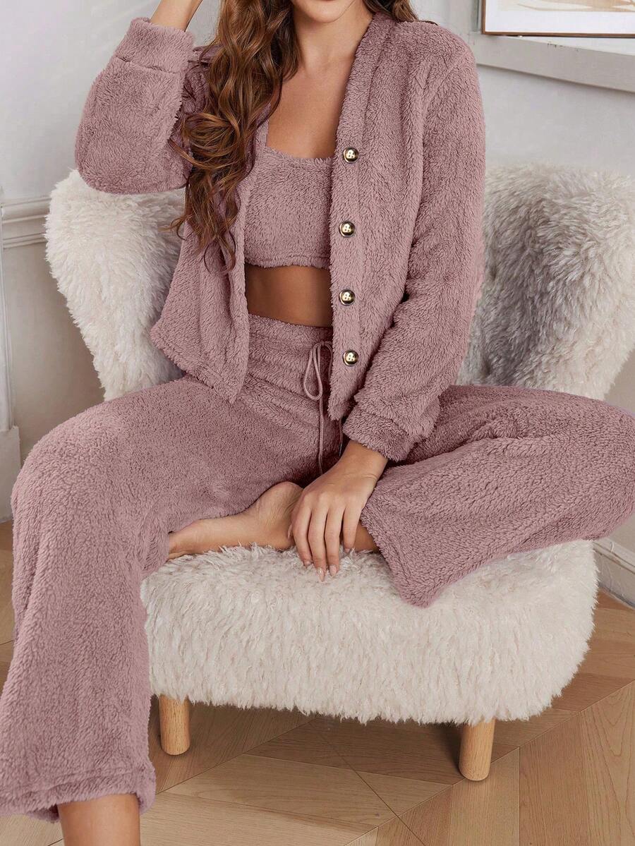 SHEIN 3件套女士休闲毛绒纯色背心、裤子和外套套装，秋冬可爱家居服套装，舒适保暖，长袖家居服套装，舒适套装 - 藕粉色 - 查看 1