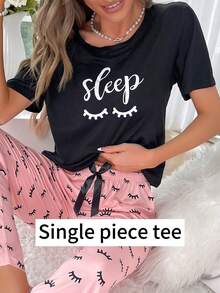 1件女士字母印花圆领短袖睡衣上衣