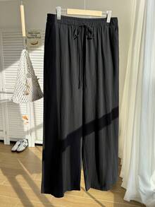 Comfortcana Plus Size Women Simple Solid Color Wide Leg Summer Pants - Black - View 16