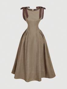 SHEIN MOD 圆领无袖撞色滚边蝴蝶结装饰腰部喇叭格纹连衣裙 - 卡其色 - 查看 1