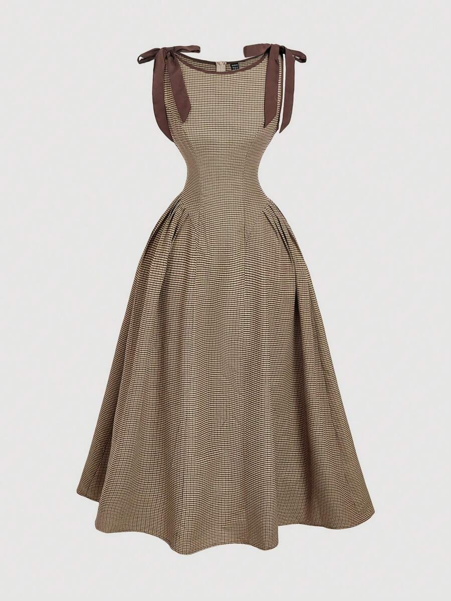 SHEIN MOD 圆领无袖撞色滚边蝴蝶结装饰腰部喇叭格纹连衣裙 - 卡其色 - 查看 1
