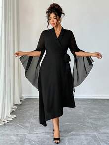 Elenzga Plus Size V-Neck Criss-Cross Tie Wrap Asymmetric Hem Chiffon Long Sleeve Dress, Elegant French Style Versatile Commuter Black Autumn Dinner Dress - Black - View 5