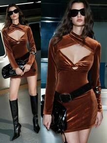 Airlisse Velvet Hollow Out Twist Tie Cuff Long Sleeve Bodycon Mini Dress For Women Velvet Dress Rust Burnt Orange Dress Sexy Dress Rust Brown Dress - Brown - View 1